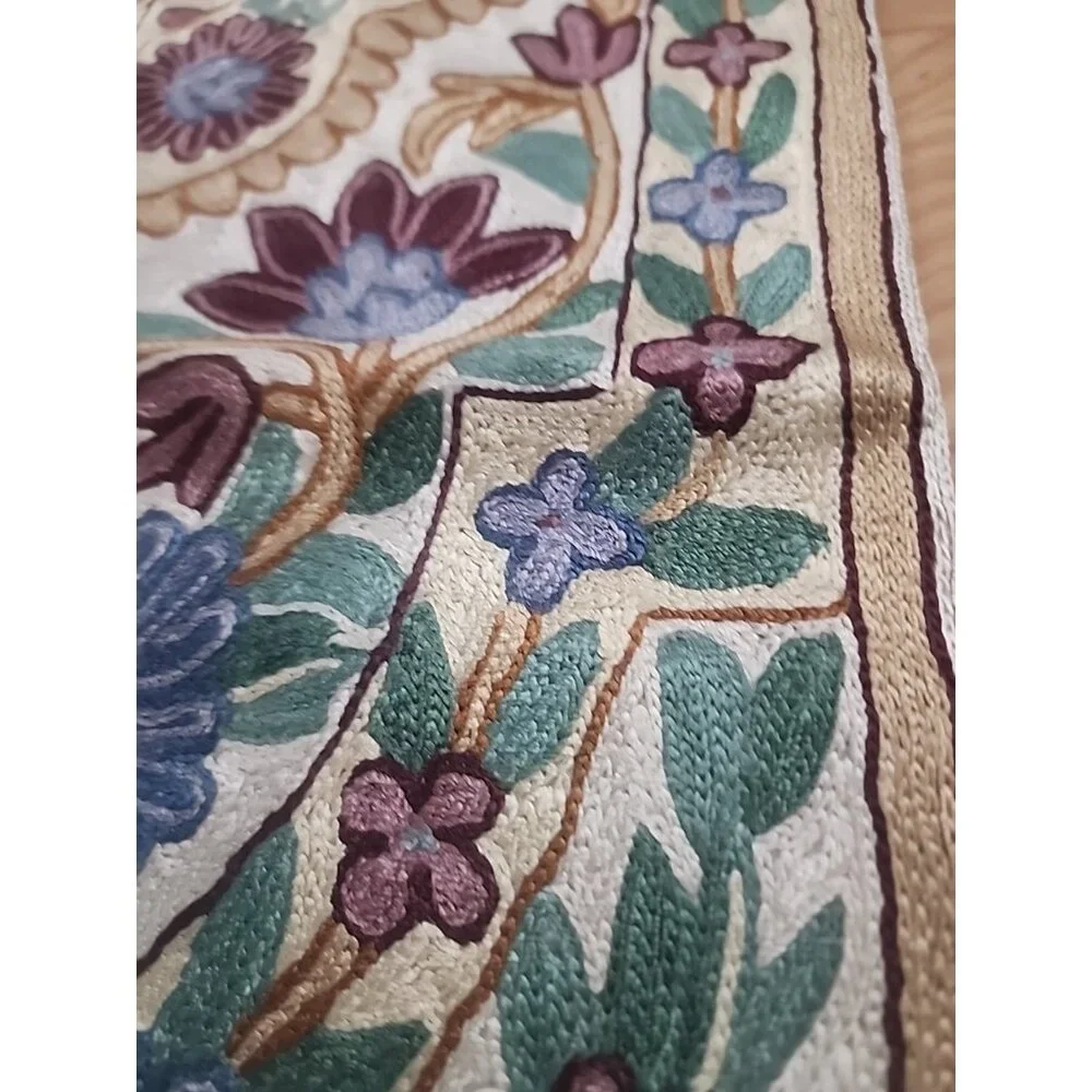 Vintage Kashmiri Crewel Chain Stitch Floral Rug Wall Hanging Boho 2 x 3 Tapestry